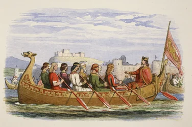 Edgars pråm bemannad av åtta kungar på Dee, 973 AD, från A Chronicle of England BC 55 AD 1485, pub. London, 1863